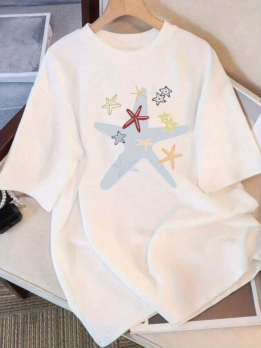 Nueva Colección 2026: Camiseta de Algodón% para Mujer, Blanca, Holgada, Azul Claro con Estampados Náuticos Coloridos (Estrellas de Mar, Peces, Olas) - Cuello Redondo Suave, Manga Corta, Ropa de Playa de Verano, Top Casual Holgado, Disponible en Rosa, Amarillo, Rojo, Gris, Negro y Verde Azulado, Adecuada para Vacaciones y Uso Diario. Conjuntos de Verano 2026 para Mujer, Ropa Urbana para Mujer, Ropa - Blanco - Ver 1