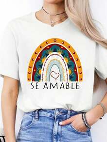 Camiseta Gráfica Se Amable para Mujer - Camiseta Casual de Manga Corta con Cuello Redondo y Diseño Colorido de Arcoíris y Corazón, Mezcla de Poliéster Suave, Perfecta para Conjuntos de Primavera-Verano, Camisetas para Mujer - Blanco - Ver 7