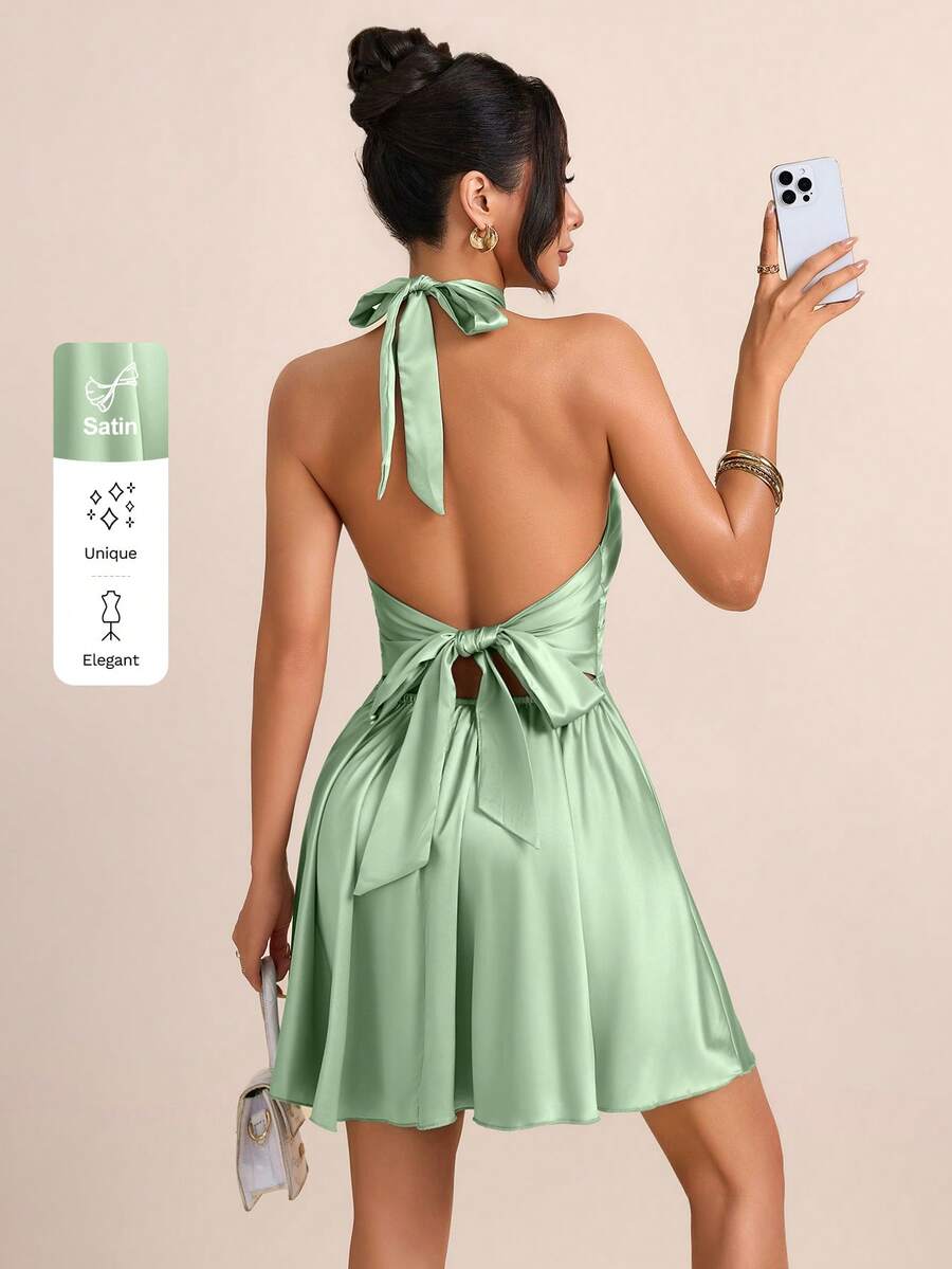 abyoxi Đầm ngắn màu xanh lá cây nhạt thanh lịch, gợi cảm bằng satin, thắt dây phía sau, thích hợp cho các buổi đi chơi hàng ngày, dạ hội trang trọng, hẹn hò, tiệc tùng, đám cưới, lễ hội, đầm ngắn mùa xuân/hè. - Hạt đậu xanh - Xem 1