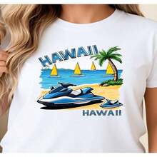 ComfortableCamiseta gráfica de mujer con diseño de playa hawaiana, palmera tropical y jet ski, estilo casual de verano para actividades al aire libre. Camiseta de mujer, diseño casual holgado, ligeramente extendida. Camiseta de manga corta para mujer, estilo básico para uso interior y exterior. - Blanco - Ver 6