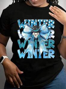 100% algodón, camiseta de mujer con estampado de muñeco de nieve y lazo azul para uso casual en invierno-220 - Negro - Ver 8