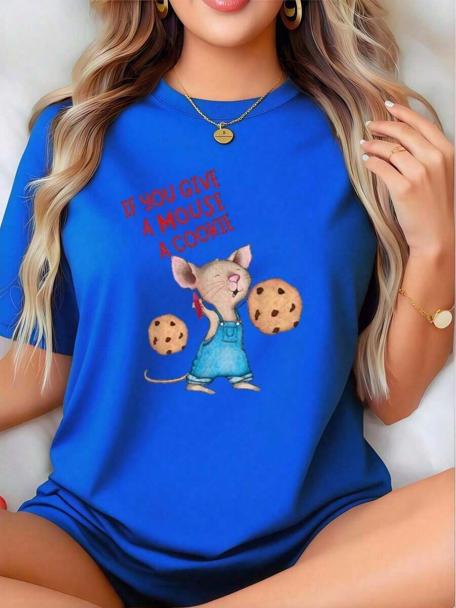 Camiseta de Mujer para el Día de San Valentín con Estampado "Si le das una galleta a un ratón", Camiseta Casual de Cuello Redondo de Algodón Puro Grueso de 220g para Mujer (1 Pieza) blusa casual mujer playeras de mujer algodon - Azul - Ver 1