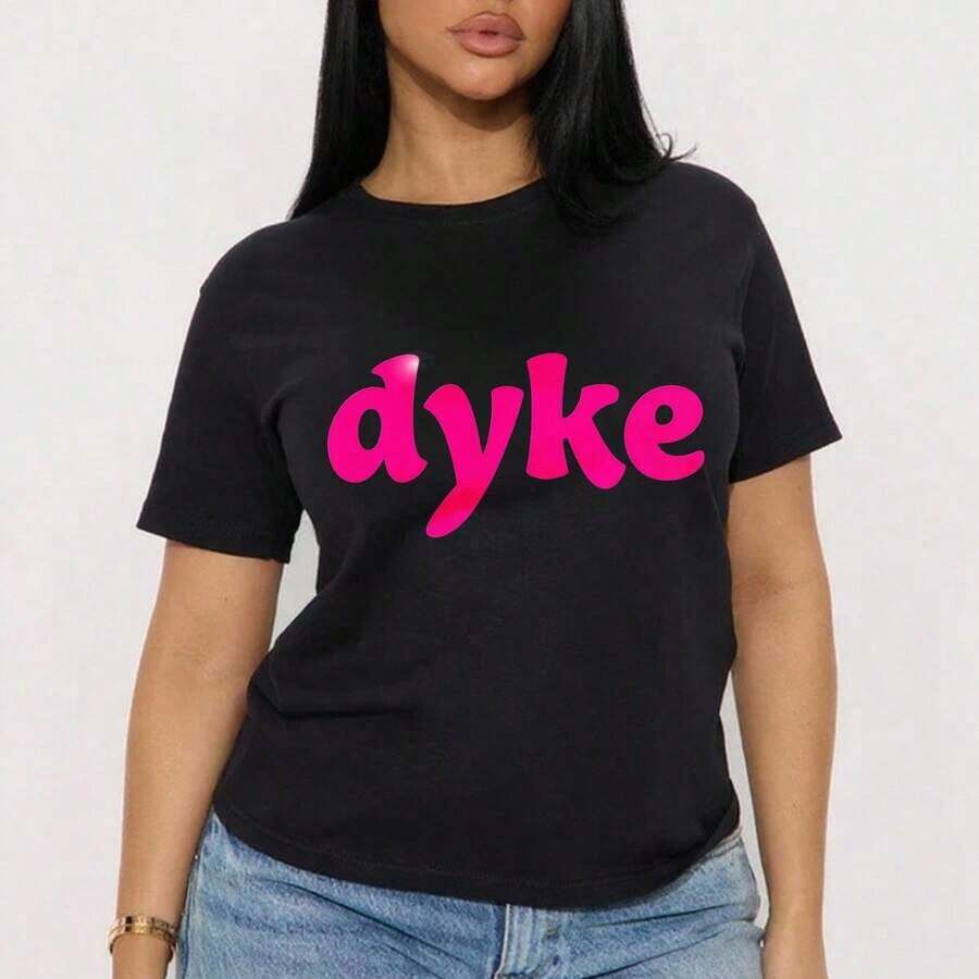 Playeras de mujer negras con estampado de eslogan, cuello redondo, manga corta, estilo casual para uso diario, ropa de calle chic. - Negro - Ver 1