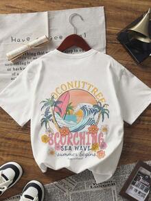 White Short-Sleeved Crew Neck T-Shirt With  Minimalist Summer Surf Wave Print, Versatile And Suitable For Women. Y2K Style Sportswear, Crew Neck, 100% Cotton, Soft Fabric, Short Sleeve. - 白色的 - 查看 3