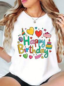Diseño simple y versátil, camiseta de una pieza para verano y otoño con cuello redondo - Estampado de fiesta con torta de cumpleaños y globos, camiseta de cuello redondo para mujer, ropa de otoño adecuada para correr y hacer deporte, moderna, elegante, única, divertida, vestido elegante para fiestas, graduaciones, estilo Y2K, conjunto unisex para parejas, conjunto para hermanas, adecuada para regalos, camiseta de algodón. - Blanco - Ver 7