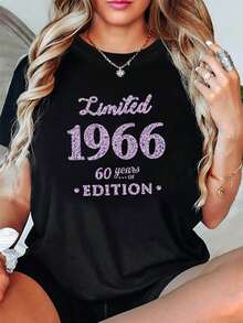 Camiseta de manga corta de primavera/verano para mujer con cuello redondo, edición limitada 1966, con estampado "60 años de edición", adecuada para compras informales, regalos navideños, reuniones de amigos, fiestas de música y ropa de vacaciones. Blusas para Mujer Casual. - Negro - Ver 7