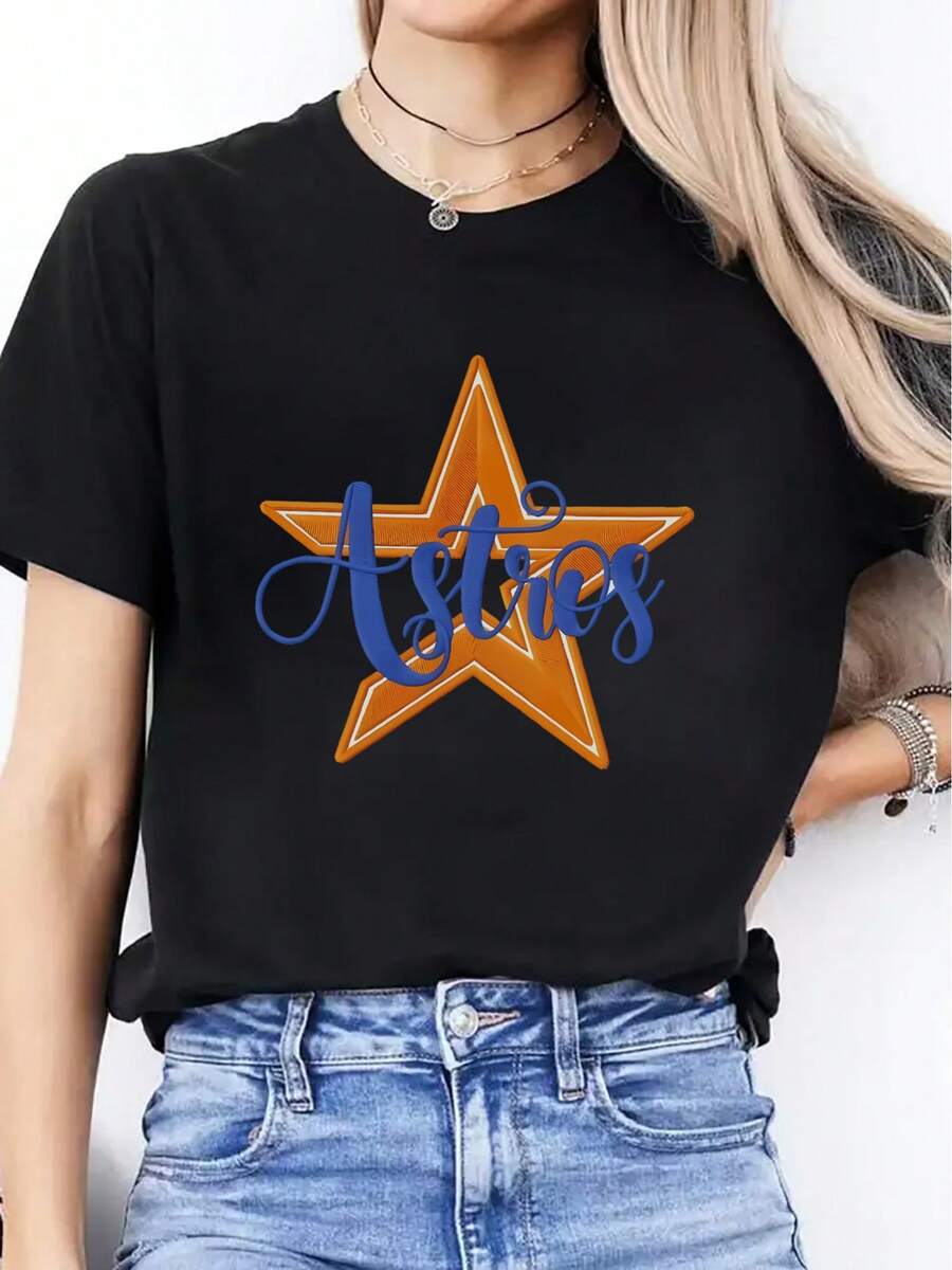 Camiseta de mujer con estampado creativo y a la moda, adecuada para todas las estaciones, sencilla, casual, cómoda, moderna, suave, ideal para fitness y actividades diarias al aire libre, versátil y elegante, transpirable, de manga corta y cuello redondo. EVYT - Negro - Ver 1