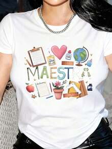 Camiseta Moderna Minimalista para Mujer con Elementos Coloridos de Material Escolar y Temática de Maestros, Decoraciones de Corazones, Estilo Casual para el Día a Día - Blanco - Ver 1