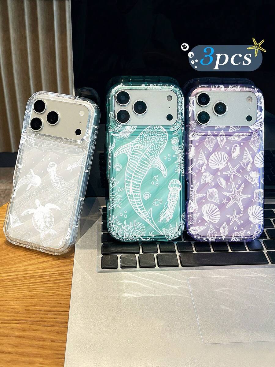 3pcs Set Ocean Turtle, Jellyfish, Whale Shark, Seashell, Starfish Pattern Transparent TPU Wavy Phone Case, Compatible With IPhone 11/17/17 Pro/17 Pro Max, Suitable For Mother's Day, Valentine's Day, Birthday, Easter, Spring, Back To School, Summer Holiday Gifts And Daily Use - Multicolor - View 1
