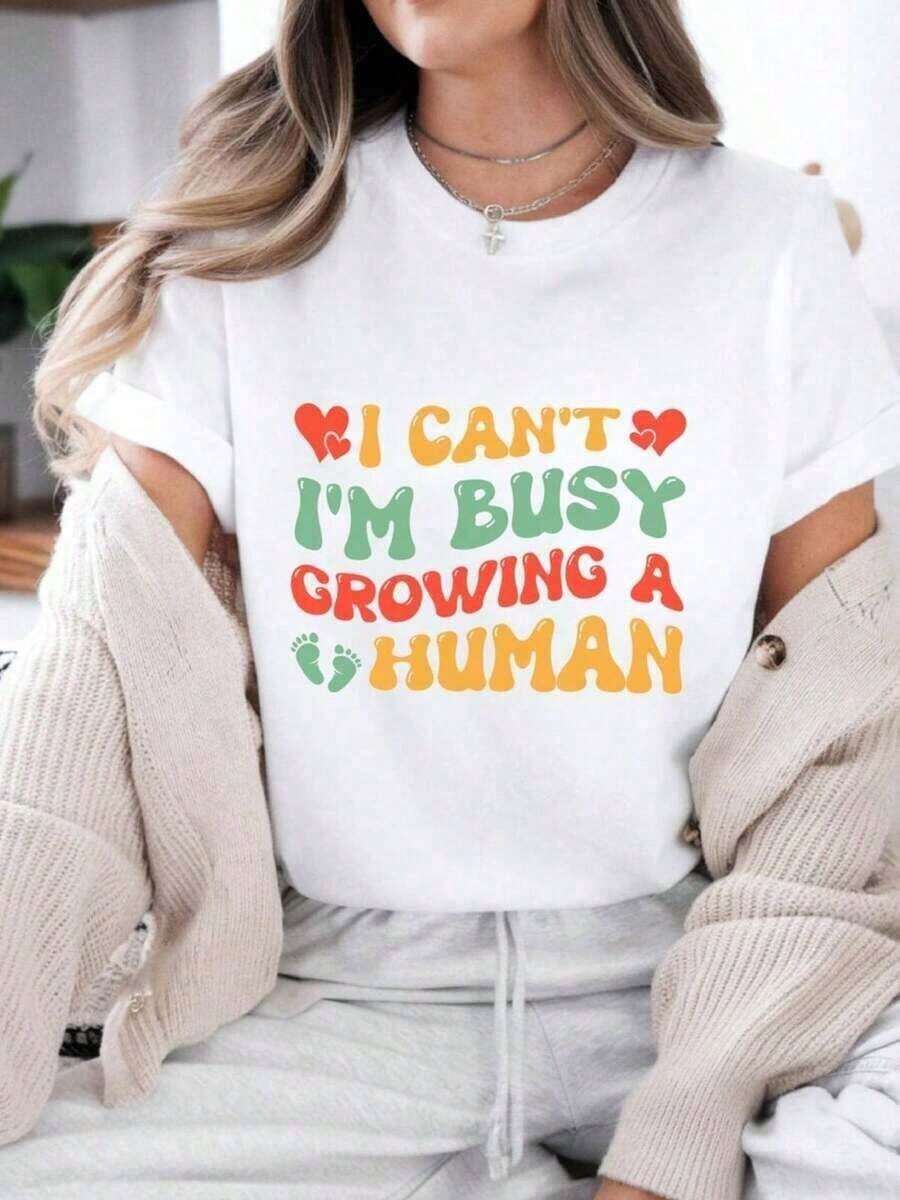 1 pieza: Camiseta "No puedo, estoy ocupada gestando un ser humano", camiseta divertida de embarazo, camiseta linda de maternidad, camiseta para futura mamá, camiseta de anuncio de bebé, camisetas gráficas de gran tamaño para mujer, camisetas suaves y cómodas para embarazo, ropa de maternidad, 180g de algodón 100%. - Blanco4 - Ver 1