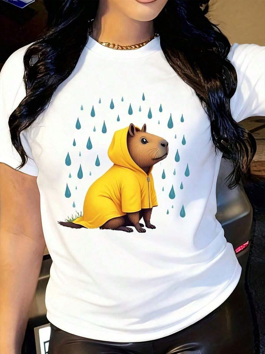 ModernoCyP Phara Women's Black T-Shirt With Capybara Print On Waterproof Yellow And Blue Drop Graphics - 100% Comfortable Casual Fit, Adorable Animal Print Casual Wear, Machine Washable, All Seasons Top, Casual Clothing - 白色 - 查看 1
