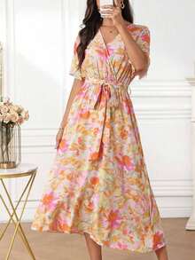 Vestido casual de vacaciones con estampado de plantas y manga corta para mujer - Multicolor 2 - Ver 8