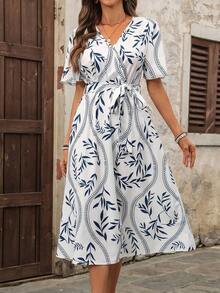 Vestido casual de vacaciones con estampado de plantas y manga corta para mujer - Gris - Ver 7