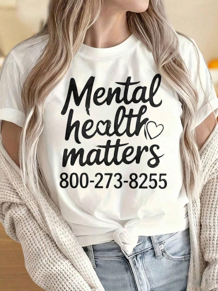 Camisetas para Mujeres y Hombres con Cuello Redondo y Mangas Cortas. Camiseta "La Salud Mental Importa" con Número de Línea de Ayuda para la Crisis, para Promover la Conciencia y el Apoyo. Estampados Divertidos Ideales para Fiestas de Navidad, Actividades Deportivas, Fiestas de Fin de Año, Salidas, Deportes y Otros Regalos Festivos. - Blanco - Ver 1