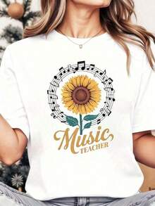 ComfortableCamiseta de cuello redondo para mujer con estampado de girasoles, notas musicales y texto de profesor de música, manga corta, ropa casual para atuendos diarios y regalos. Adecuada - Negro - Ver 6
