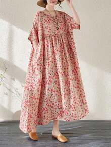 Vestido de playa estilo bohemio casual para tallas grandes, con estampado de lunares, cuello de solapa, hombros caídos, mangas cortas y en color rojo.Ideal para el verano. - Rosa - Ver 5