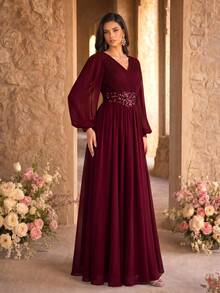 SUPGIR V-Neck Pleated Waistline Pearl Trim Lantern Sleeve Maxi Chiffon Party Dress Wedding Spring Fall - Burgundy - View 7