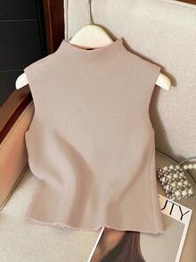 Suéter de mujer de punto con cuello alto, sin mangas, diseño de botones, suelto y casual, color rojo, para primavera/otoño - Albaricoque - Ver 2