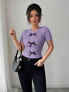 Blusa de mujer con tejido de cuerda hueco y decoración de mariposa, adecuada para la playa - Morado - Ver 4