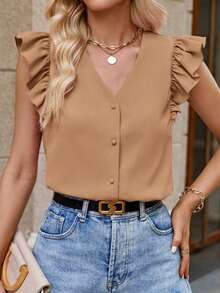 Camisa de mujer con cuello en V a rayas y mangas con volantes, camisas de verano para mujeres - Caqui - Ver 6