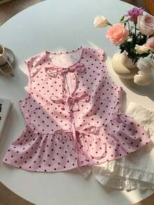 Blusa sin mangas con estampado de lunares rosa y negro con lazo delantero, blusa de verano rosa con volantes elegante, para vacaciones, casual, Y2K, verano, primavera, San Valentín, carnaval, playa, fiesta de cumpleaños, boda, salida - Rosa - Ver 8