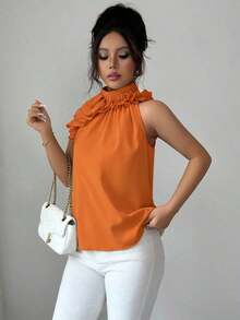 sin mangas fruncida, intelectual y elegante - Naranja - Ver 7