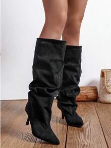 wellspring Women's Fashionable Pointed Toe Mid-Calf Boots, Wrinkled Design, Glamorous & Sexy, Suitable For Party, Wedding, Formal Events - 221 Black - View 2