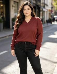 Steve Store Women's Fashion Knitwear Plus Size Basic Sweater V-Neck Long Sleeve Winter Fashion - cobre escuro - 查看 1