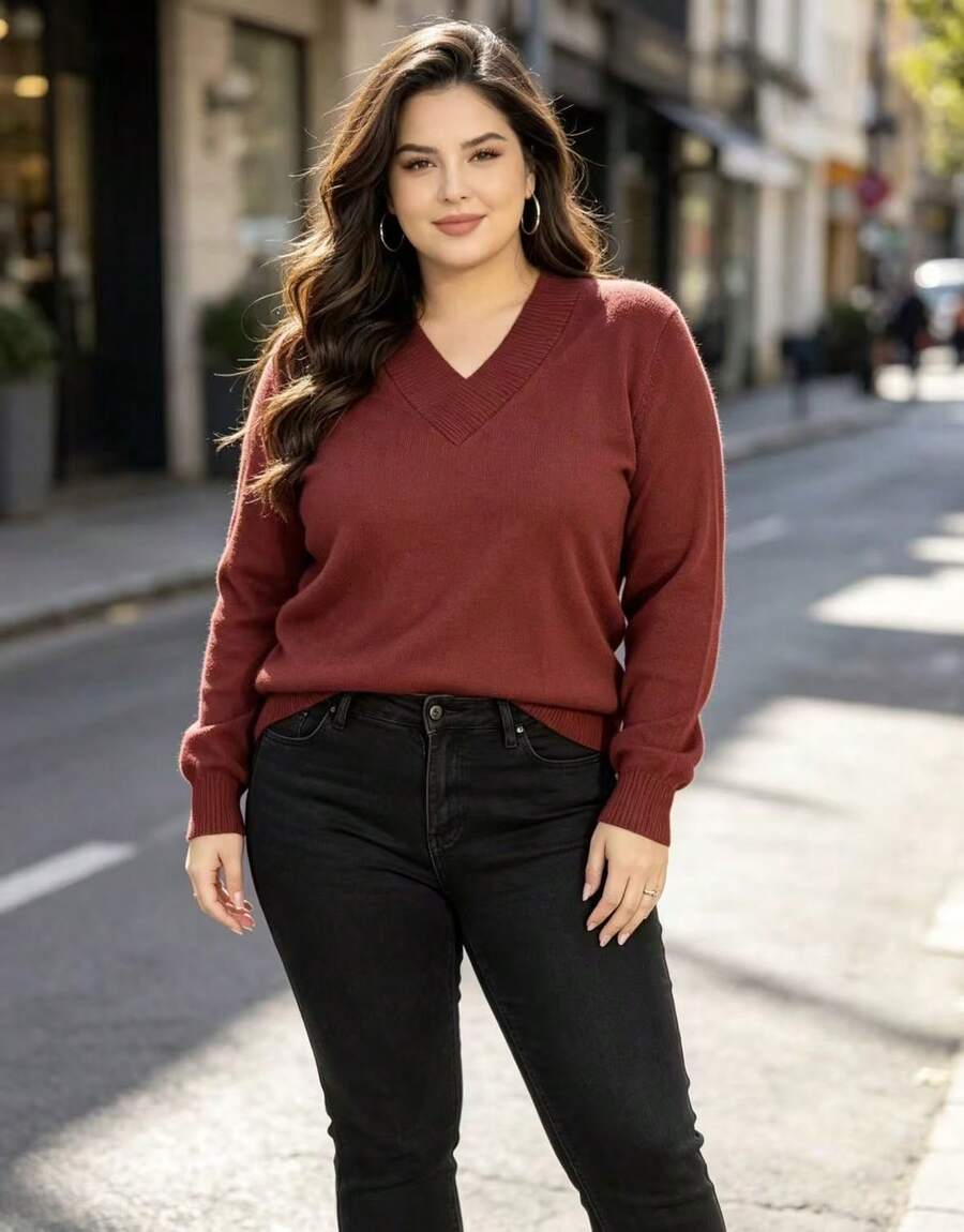 Steve Store Women's Fashion Knitwear Plus Size Basic Sweater V-Neck Long Sleeve Winter Fashion - cobre escuro - 查看 1