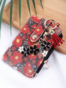 1pc Countryside Floral Card Holder & Keychain, Macaron Color Ditsy Floral Card Case With Flower Pendant And Tassel Design, Convenient Storage For Cards, Fashion Accessory For Women - Multicolor - View 2