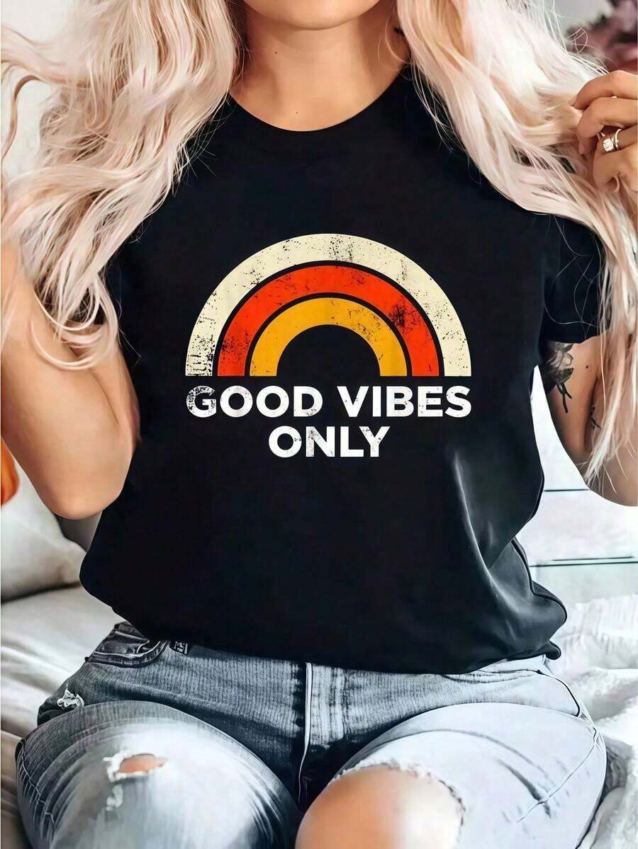 Manga Cortagraphic tees womenCamiseta Casual Con Gráfico Vintage De Good Vibes Only Con Estampado De Arcoíris, Camiseta Casual De Cuello Redondo De Manga Corta Cómoda Para Primavera Y Verano, Ropa De MujertopsVintage - Negro - Ver 1