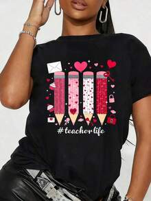 Camisetas gráficas de manga corta para mujer, camiseta popular nueva para el Día de San Valentín, camiseta con estampado de maestra de San Valentín, cuello redondo, manga corta informal para primavera y verano, ropa de mujer, camiseta divertida con estampado de cuello redondo y manga corta para mujer, adecuada para: eventos deportivos/fiestas navideñas/salidas/deportes y otros regalos navideños. - Negro - Ver 6