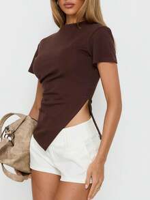 Womens Asymmetrical Summer Tops Going Out Shirts Spring Y2K Short Sleeve Crew Neck Ruched  Clothes - Marrón - Ver 3