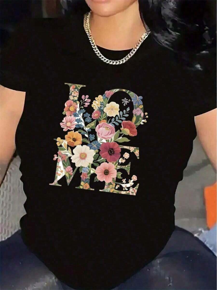 Camiseta de manga corta con estampado floral "Floral Love" para mujer |       Ligera y duradera, perfecta para uso casual en casa, cafetería o actividades al aire libre, ajuste suave y cómodo, diseño elegante para uso diario, cuello redondo, tejido de elasticidad mediaSuitable for spring, summer and autumn - Negro - Ver 1