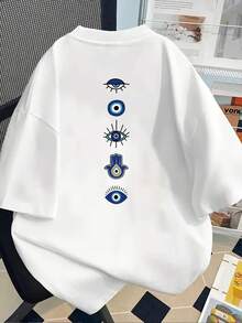 Camiseta estampada de manga corta con diseños en la parte delantera y trasera - Ojo del Diablo, Amuleto - Camiseta estampada de moda para mujer, primavera/verano, ¡tu mejor elección!100% Algodón - Blanco - Ver 2