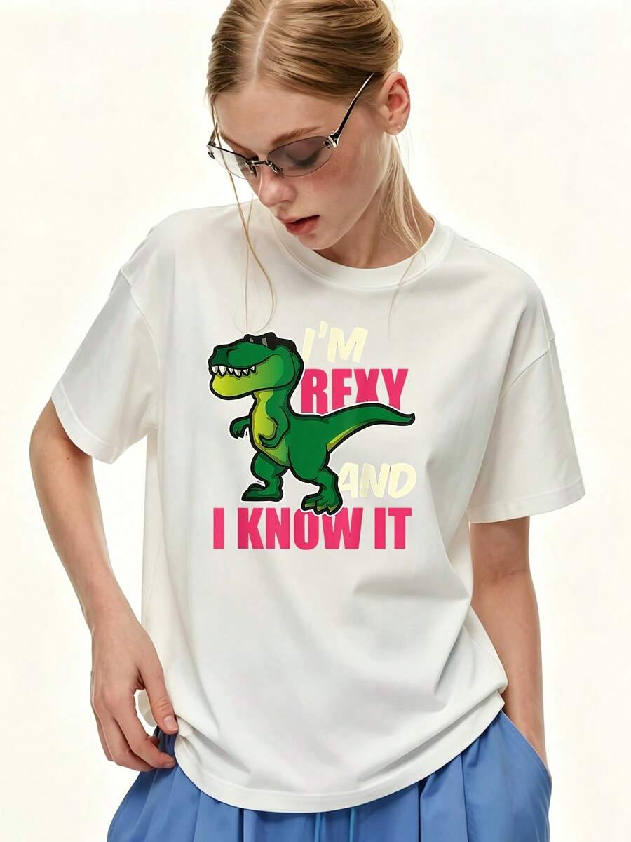Camiseta de mujer de 180g con estampado de dinosaurio Soy un Tyrannosaurus Rex, lo sé, de manga corta, cuello redondo y corte holgado - Regalo casual de cumpleaños, adecuada para combinar en familia, actividades de building, ropa temática - Camiseta unisex de algodón, estilo vintage urbano, de manga corta y cuello redondo. - Blanco - Ver 1
