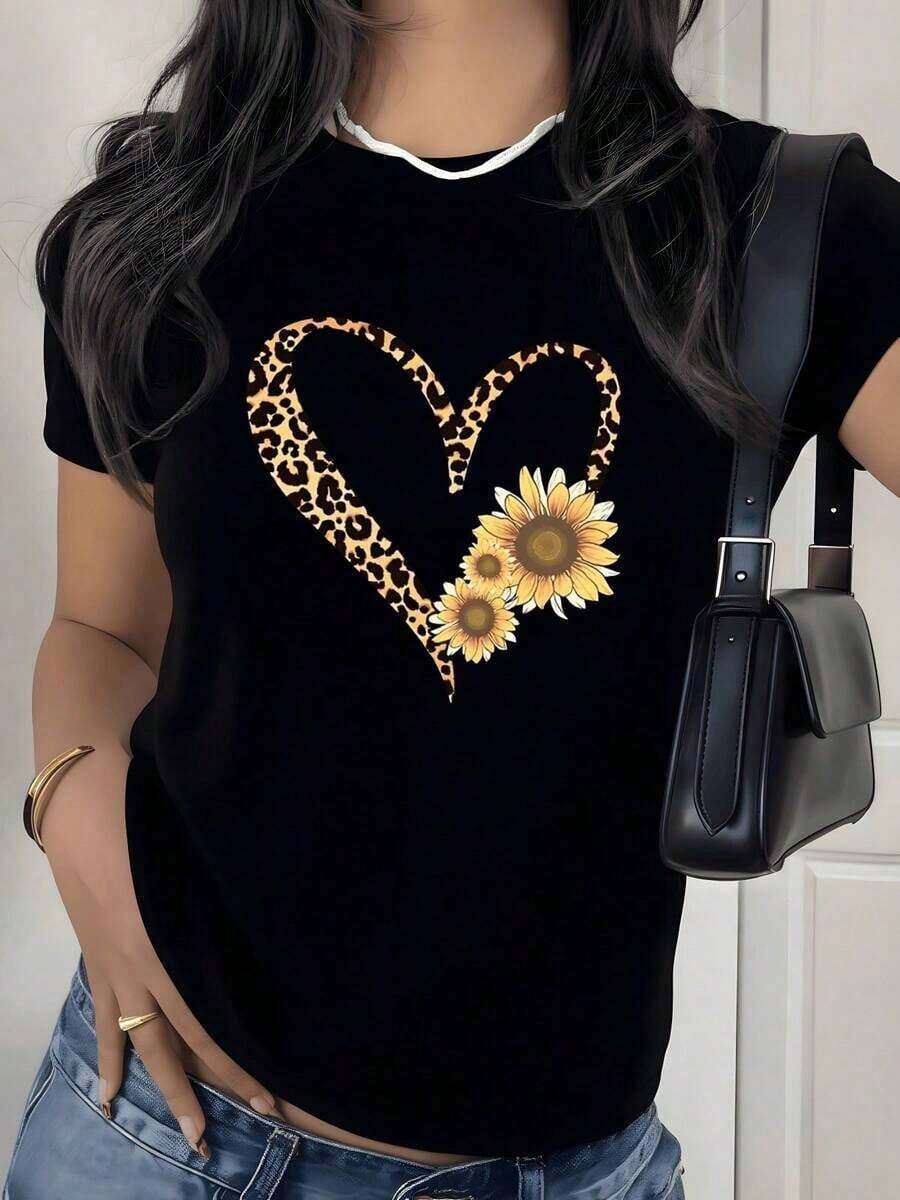 Leopard And Sunflower Heart Graphic Print T-Shirt, 180g, 1 Piece, Women's Casual 100% Cotton T-Shirt, Fashionable Short Sleeve Summer Top - 黑色 - 查看 1