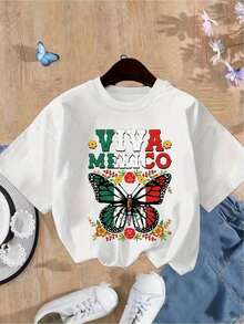 NewSummerCasualCamiseta de manga corta con estampado de mariposas mexicanas, estilo vacacional de verano para niñas.-Vintage Street Style Unisex Loose Cotton Short Sleeve Crew Neck T-Shirt - Blanco - Ver 1