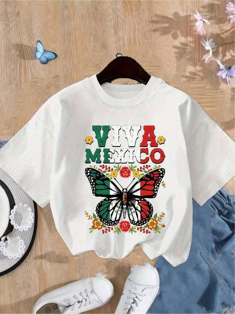 NewSummerCasualCamiseta de manga corta con estampado de mariposas mexicanas, estilo vacacional de verano para niñas.-Vintage Street Style Unisex Loose Cotton Short Sleeve Crew Neck T-Shirt - Blanco - Ver 1