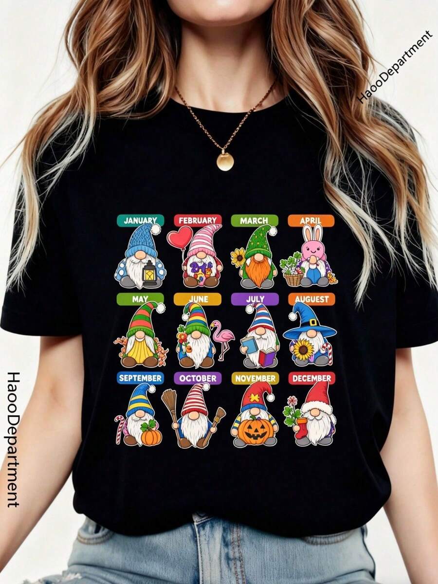 Una camiseta de manga corta para mujer, moderna, a la moda, retro, casual y holgada, adecuada para actividades al aire libre en primavera y verano, Camiseta de Mujer 12 Garden Gnomes Monthly - Camiseta de cuello redondo multicolor, top de moda callejera retro Y2K, regalo casual y versátil, adecuada para reuniones familiares, lavable a máquina.blusas para mujer,blusas casuales para dama,tops,, mujer premium,y2k,playeras de mujer curvy,ofertas y liquidaciones ropa mujer,playeras deportivas para mujer,,playeras de hombre, mujer,blusas>elegante SZ8N - Negro - Ver 1