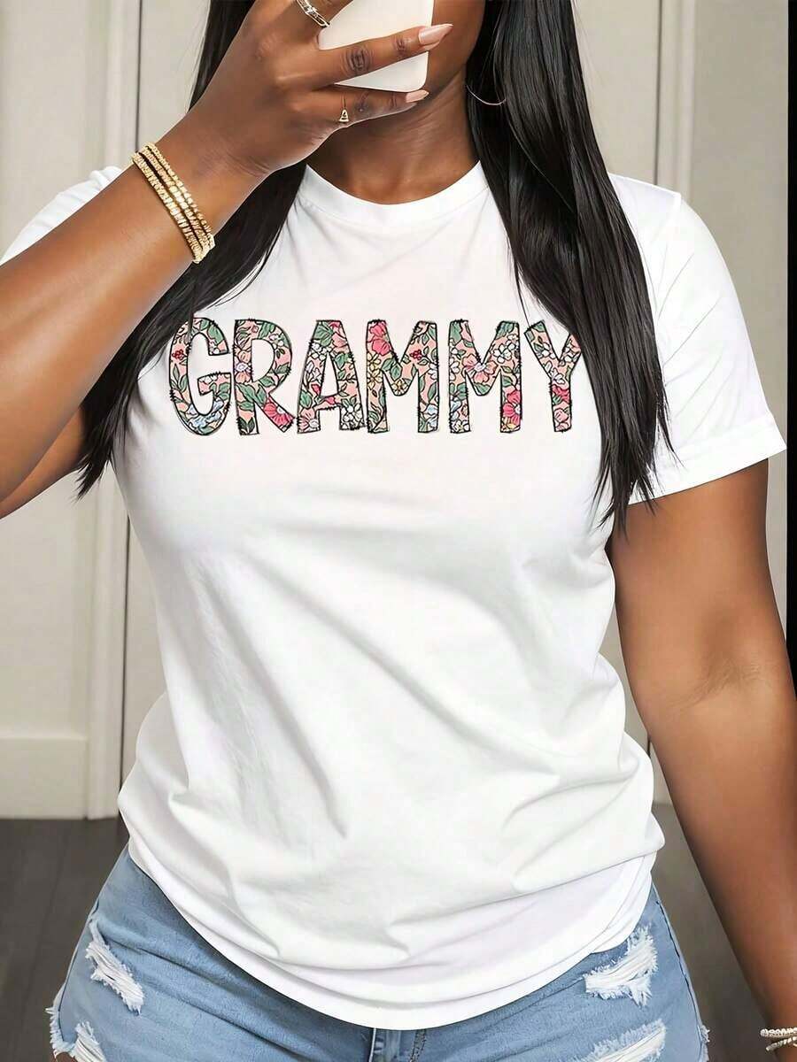 Women's Casual T-Shirt With Grammy Floral Print, Graphic Tee For Grandmother's Or Mother's Day Gift, For Family Outings - 白色 - 查看 1