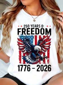Camiseta de manga corta con cuello redondo para mujer, diseño con estampado del 250º aniversario de la independencia estadounidense, diseño de águila blanca y bandera estadounidense con texto "250 años de libertad 1776 2026" para la celebración del Día de la Independencia, eventos patrióticos y días festivos nacionales. - Blanco - Ver 5