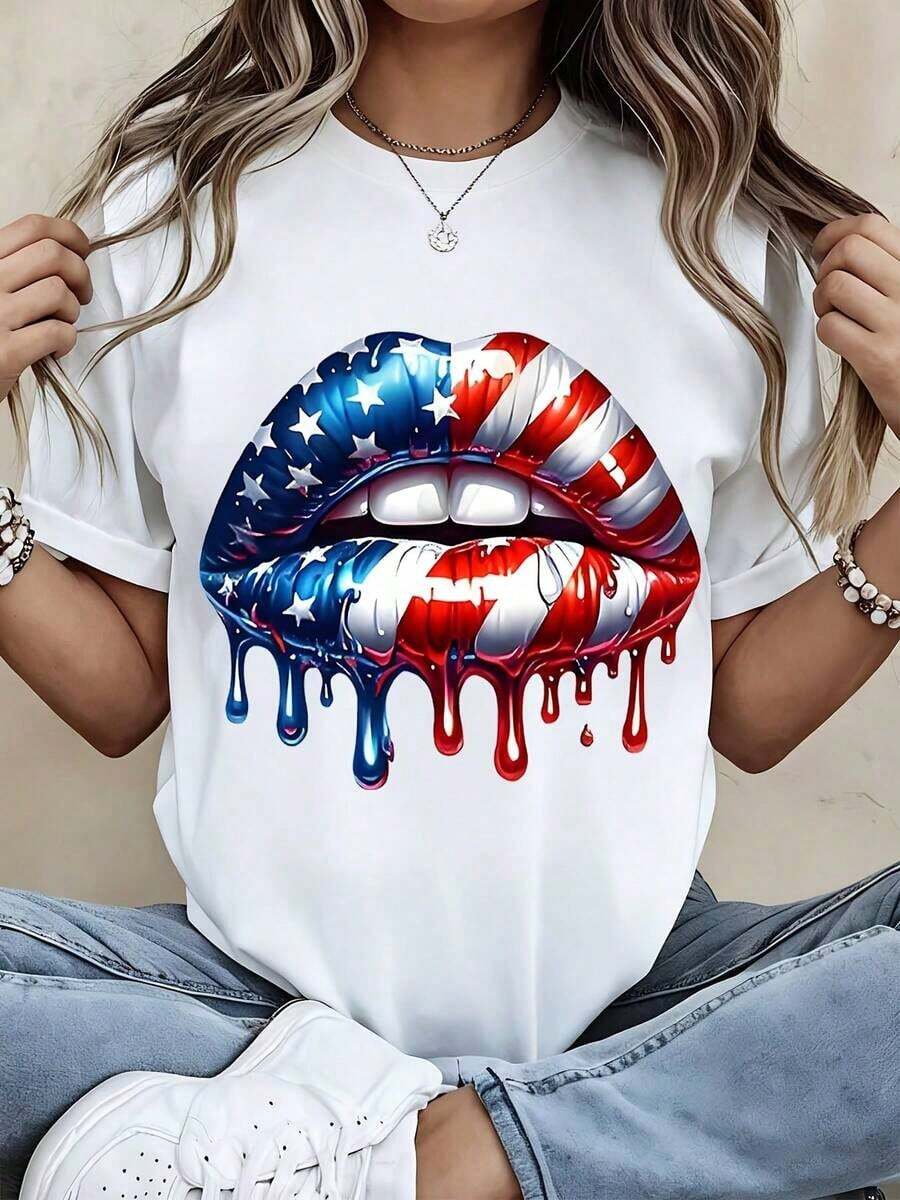 Camiseta de Moda para Mujer con Estampado de Labios y Bandera Americana, Top Casual de Verano para Celebración del Día de la Independencia, Atuendo Patriótico Estilo Streetwearblusa casual m - Blanco - Ver 1