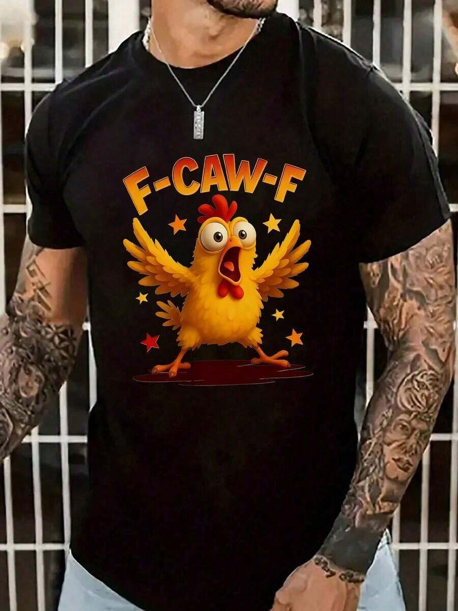 Men's Basic Short-Sleeved T-Shirt With A Creative Cartoon Graphic Print Of Stars And Chicks, Suitable For Urban Style, Versatile And Comfortable, For All Seasons. - 黑色 - 查看 1