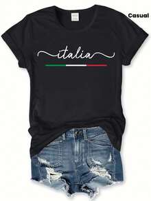 Camiseta con Estampado Urbano, Linda Camiseta de Manga Corta con Cuello Redondo y Dibujos Animados, Tops Casuales para Uso Diario, Ropa de Mujer - Negro - Ver 1