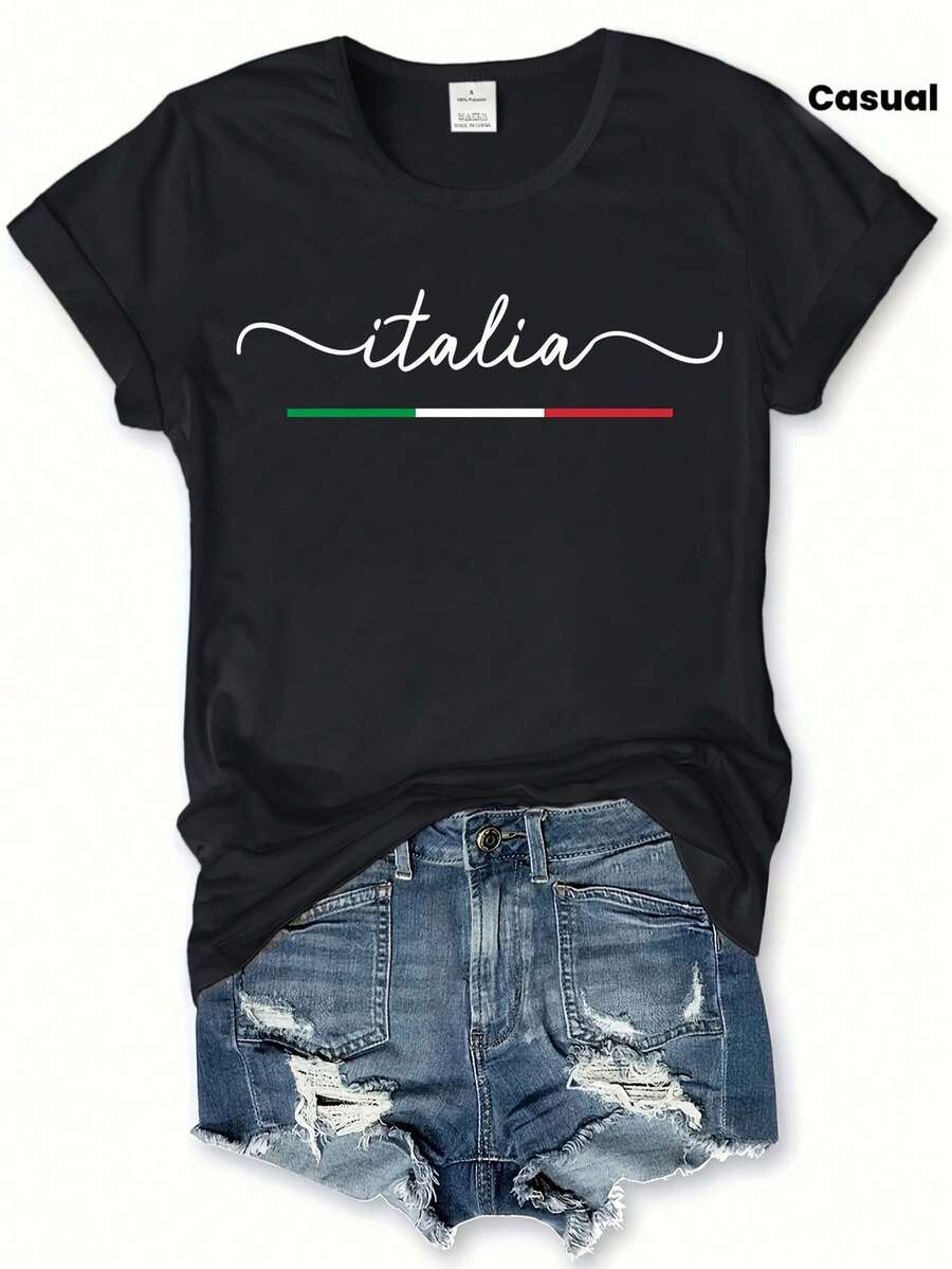 Camiseta con Estampado Urbano, Linda Camiseta de Manga Corta con Cuello Redondo y Dibujos Animados, Tops Casuales para Uso Diario, Ropa de Mujer - Negro - Ver 1