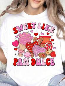 Playeras de mujer de algodón Sweet Like Pan Dulce Mexican Candy Shirt For Women Valentine's Day Gift Cute Dessert T-Shirt With Heart Design And Traditional Sweets Graphic Print Casual Wear >ropa - Blanco - Ver 7