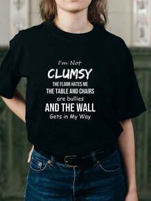 1 pieza Camiseta negra de mujer con estampado de texto con frases divertidas, cuello redondo, camiseta casual de algodón, tela de elasticidad media, corte regular para damas, para primavera/verano/otoño, regalo para el Día de las Bromas de Abril, Navidad, cumpleaños, 180g 100% algodón. - Negro - Ver 8