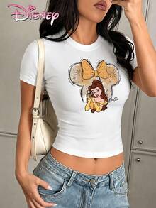 Disney Women's Slim-Fit Cropped T-Shirts With Belle And Minnie Mouse Prints, A Gentle And Girly Style, Suitable For Amusement Park Outfits, Dates, And Everyday Looks. - trắng - Xem 1