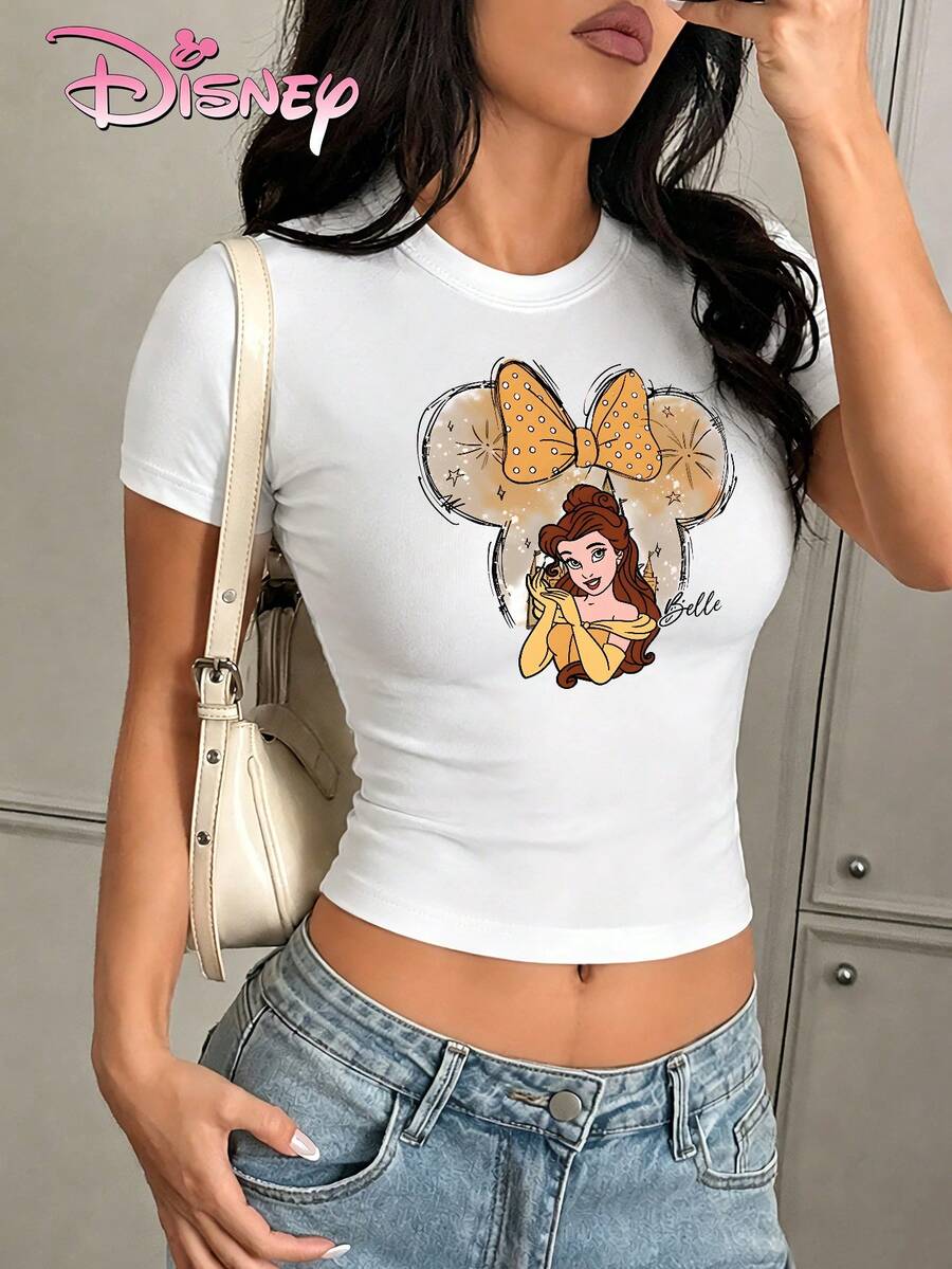Disney Women's Slim-Fit Cropped T-Shirts With Belle And Minnie Mouse Prints, A Gentle And Girly Style, Suitable For Amusement Park Outfits, Dates, And Everyday Looks. - trắng - Xem 1